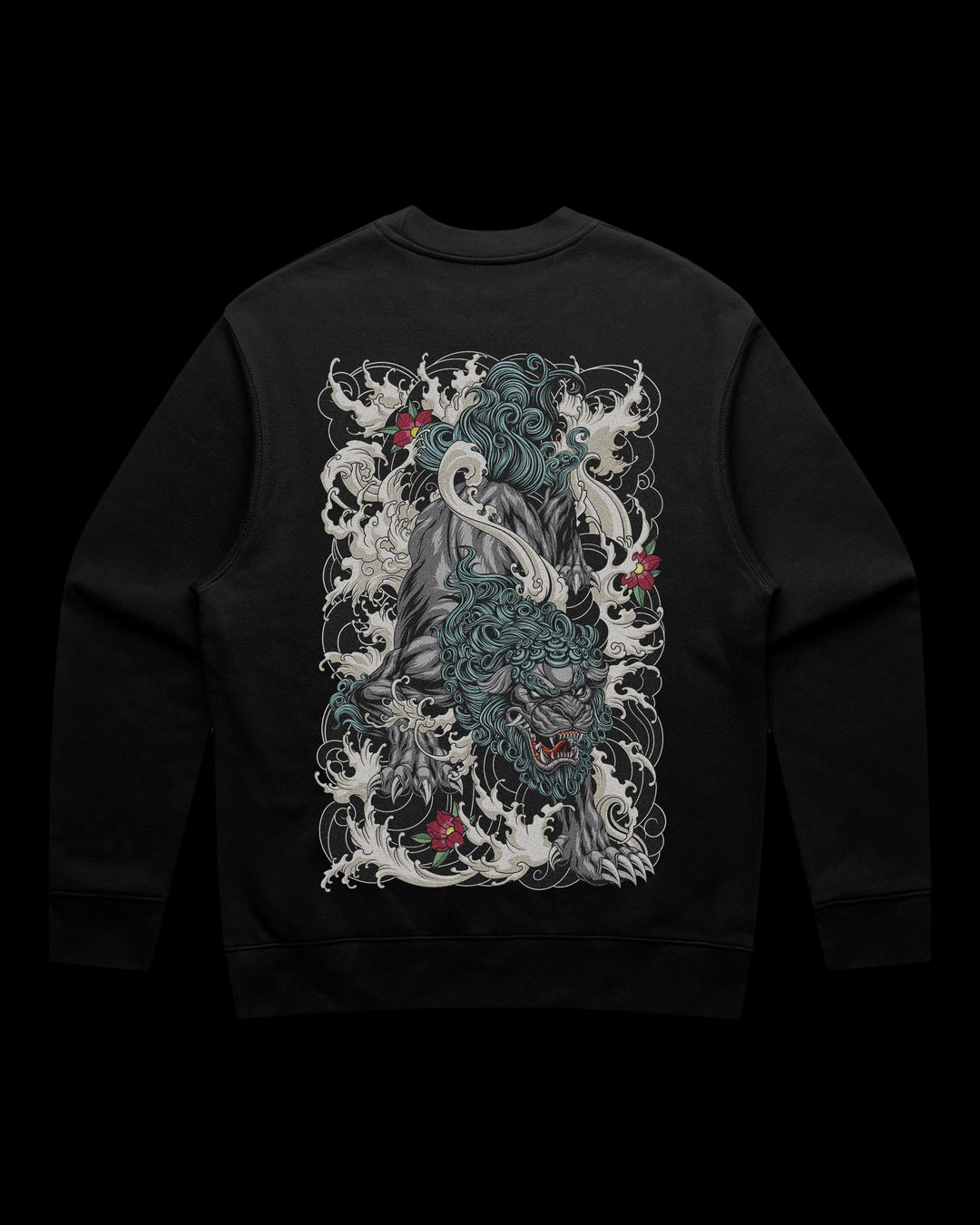 Japanese Tattoo Sweatshirt with large back print of Komainu guardian lion surrounded by waves and florals in traditional tattoo style