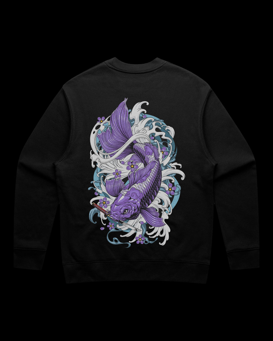 Japanese Tattoo Sweatshirt with large back print of purple koi swimming through waves in traditional tattoo style