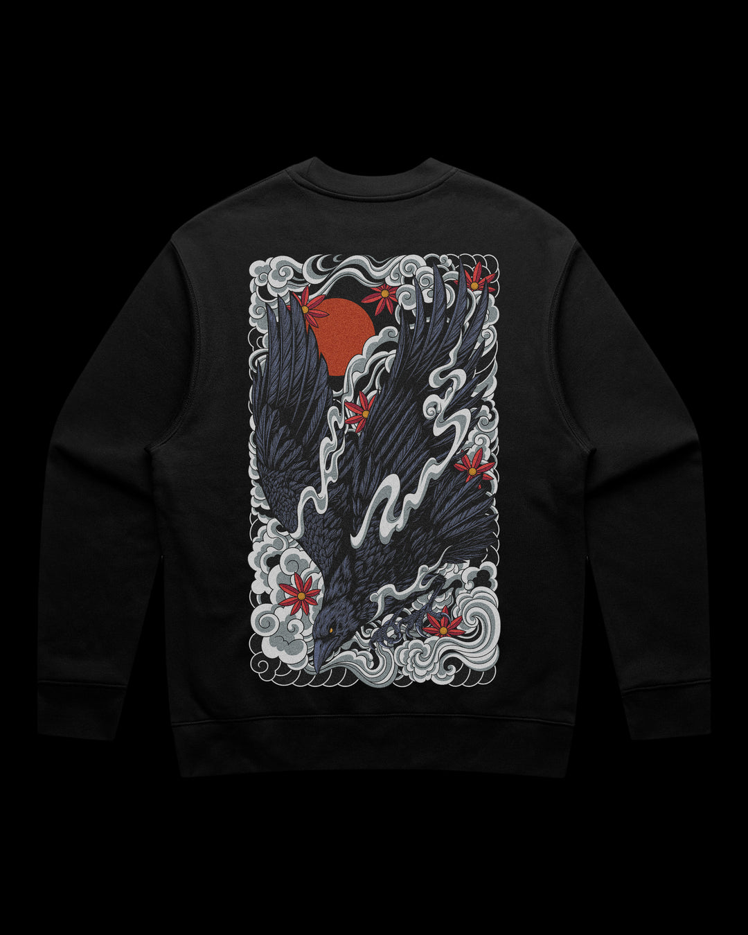 Japanese Tattoo Sweatshirt with large back print of diving raven against red sun with wave detailing in traditional tattoo style