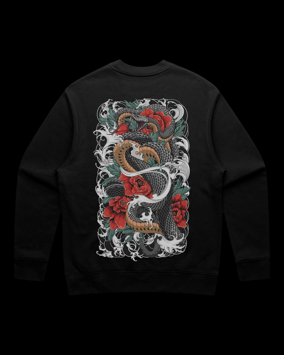 Japanese Tattoo Sweatshirt with large back print of coiled snake surrounded by red flowers and waves in traditional tattoo style