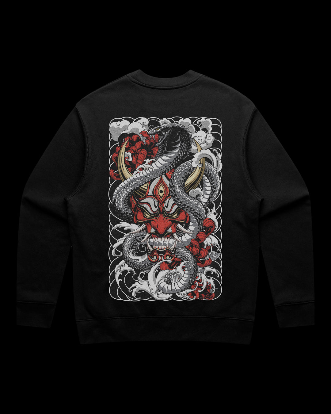 Japanese Tattoo Sweatshirt with large back print of red Oni mask entwined by coiled snake in traditional tattoo style