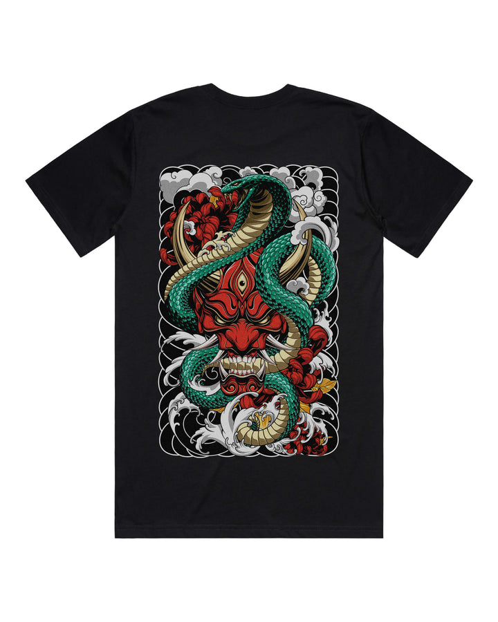 Black graphic t-shirt with large red oni mask biting snake back print