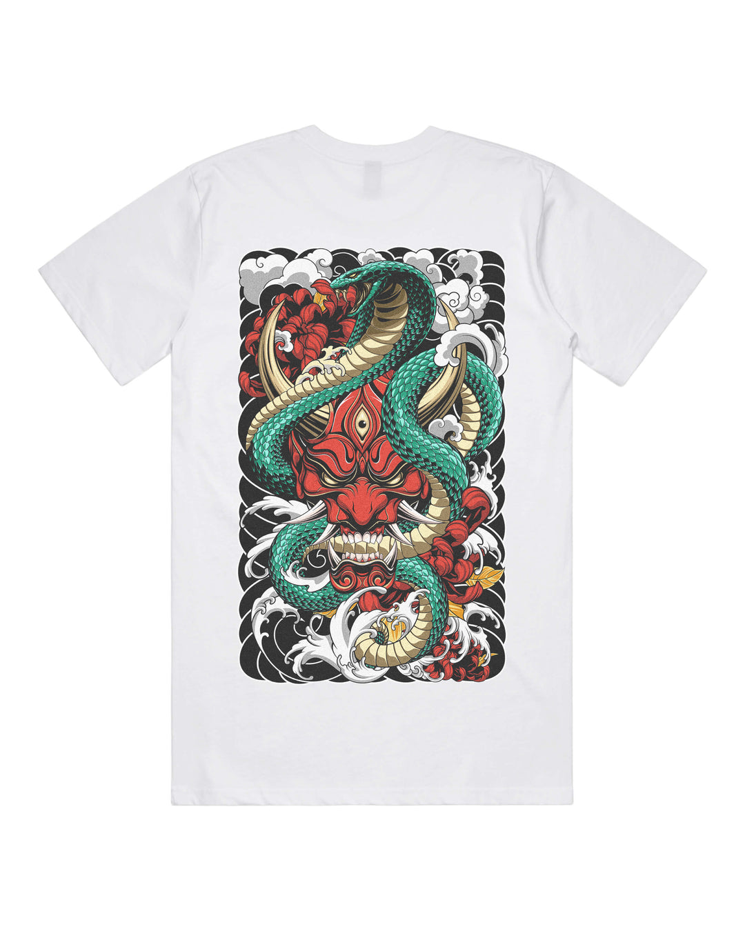 White graphic t-shirt with large red oni mask biting snake back print