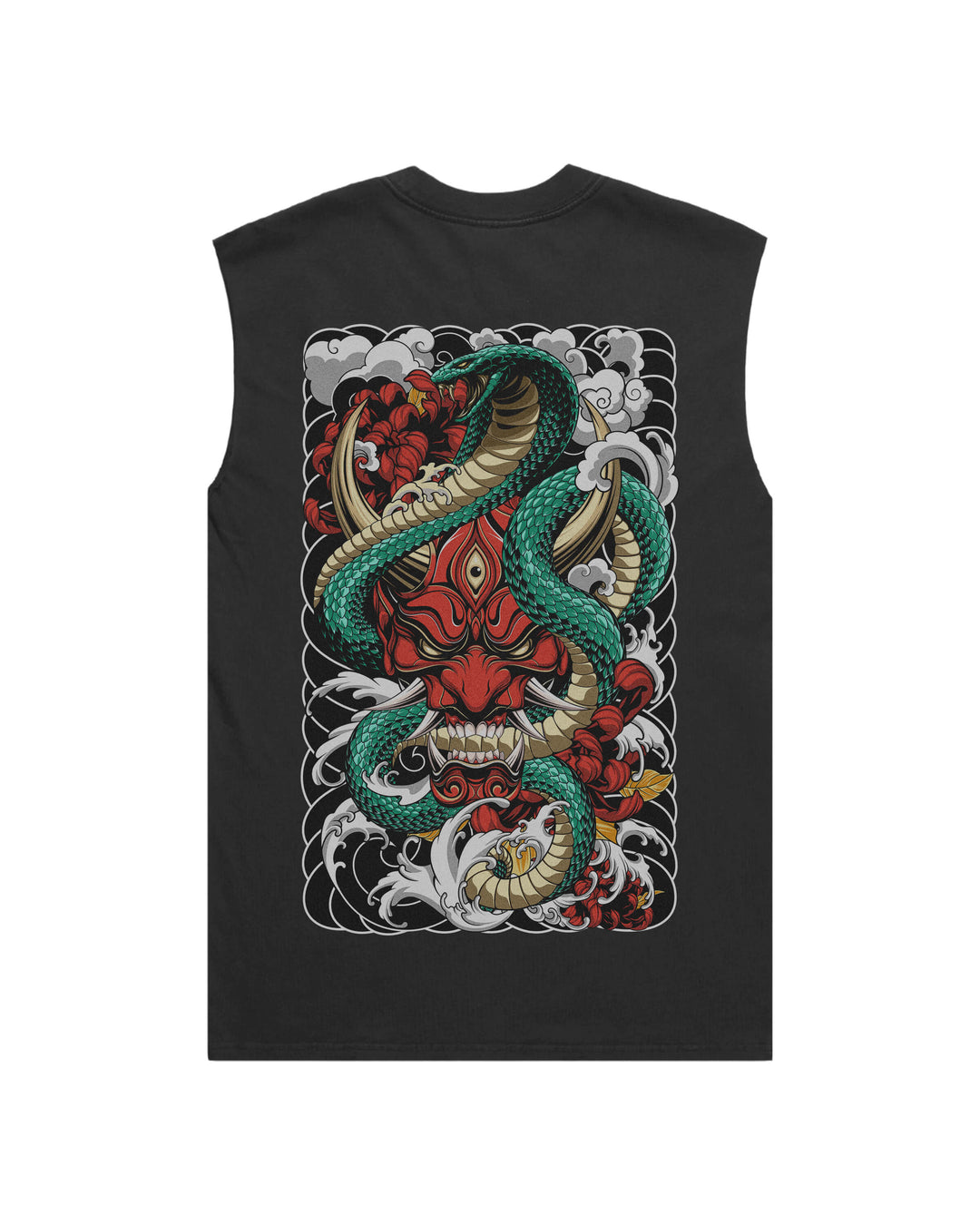 Red Oni Faded men’s graphic tank top features original in-house artwork inspired by Irezumi. The design combines oni mask, snake and clouds, drawing from Japanese tattoo art, folklore and traditional illustration.
