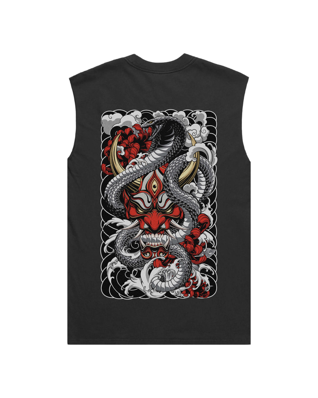 Faded black tank top with large red oni mask and snake print