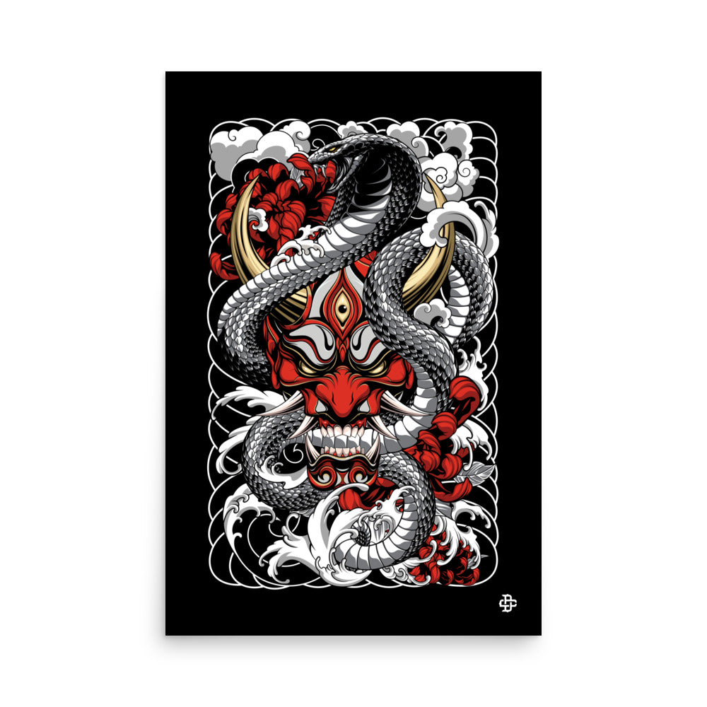 Red oni mask and snake poster Product mockup