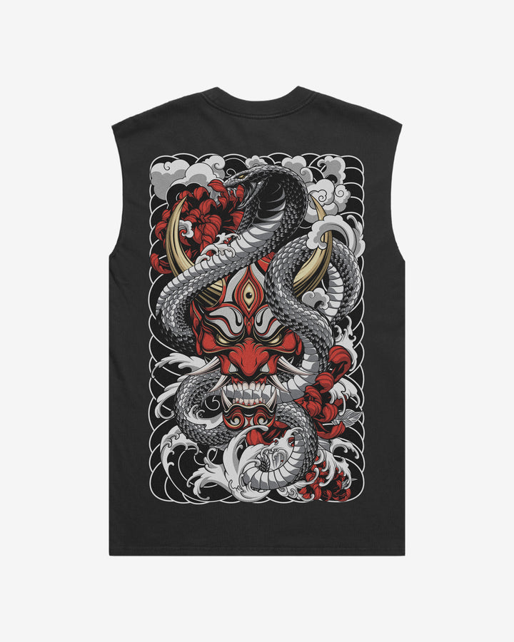 Japanese tattoo tank top with back print of red oni mask and snake