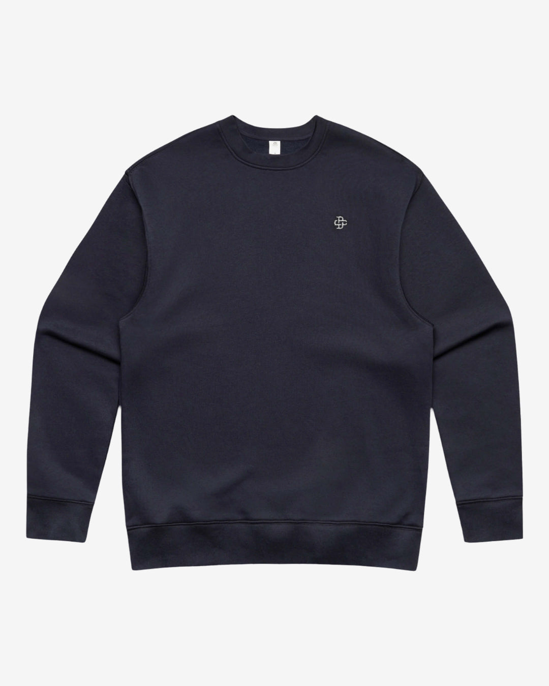 Ink blue sweatshirt with a small logo on a light gray background
