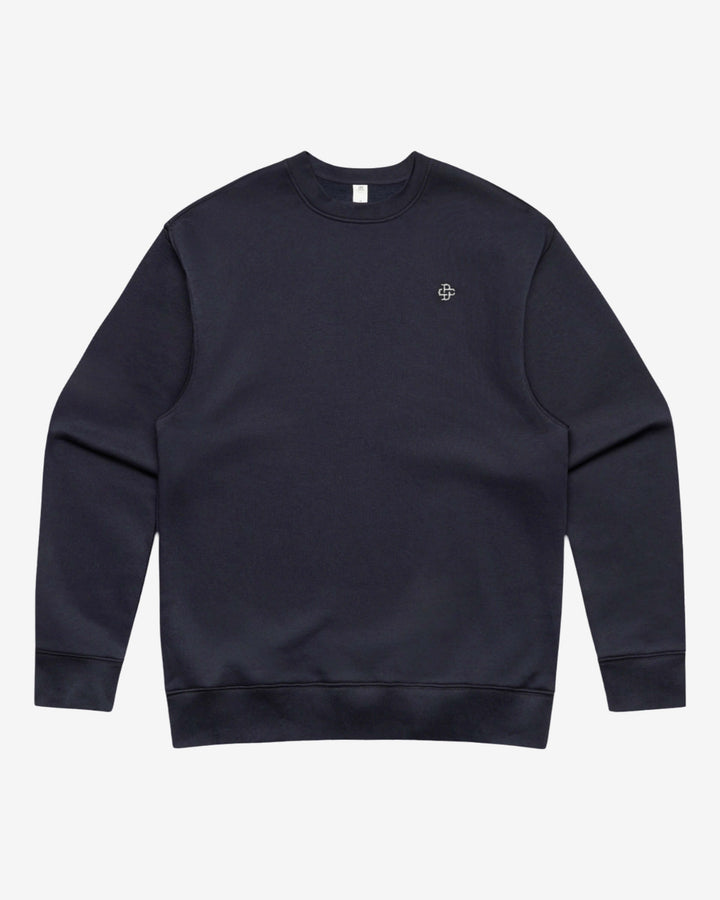 Ink blue sweatshirt with a small logo on a light gray background