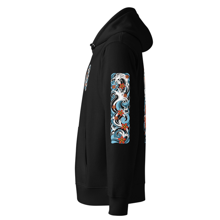 Left sleeve of the Resilience in Motion 360 Koi Fish Graphic Hoodie in Black, displaying an intricate Irezumi-style wave design.