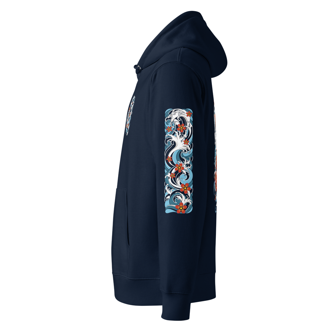 Left sleeve of the Resilience in Motion 360 Koi Fish Graphic Hoodie in French Navy, displaying an intricate Irezumi-style wave design.