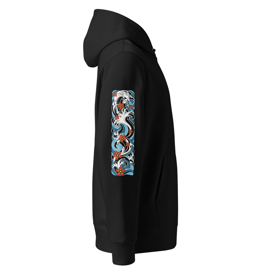 Right sleeve of the Resilience in Motion 360 Koi Fish Graphic Hoodie in Black, featuring a detailed Irezumi-style wave design.