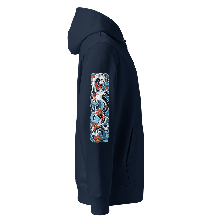 Right sleeve of the Resilience in Motion 360 Koi Fish Graphic Hoodie in French Navy, featuring a detailed Irezumi-style wave design.