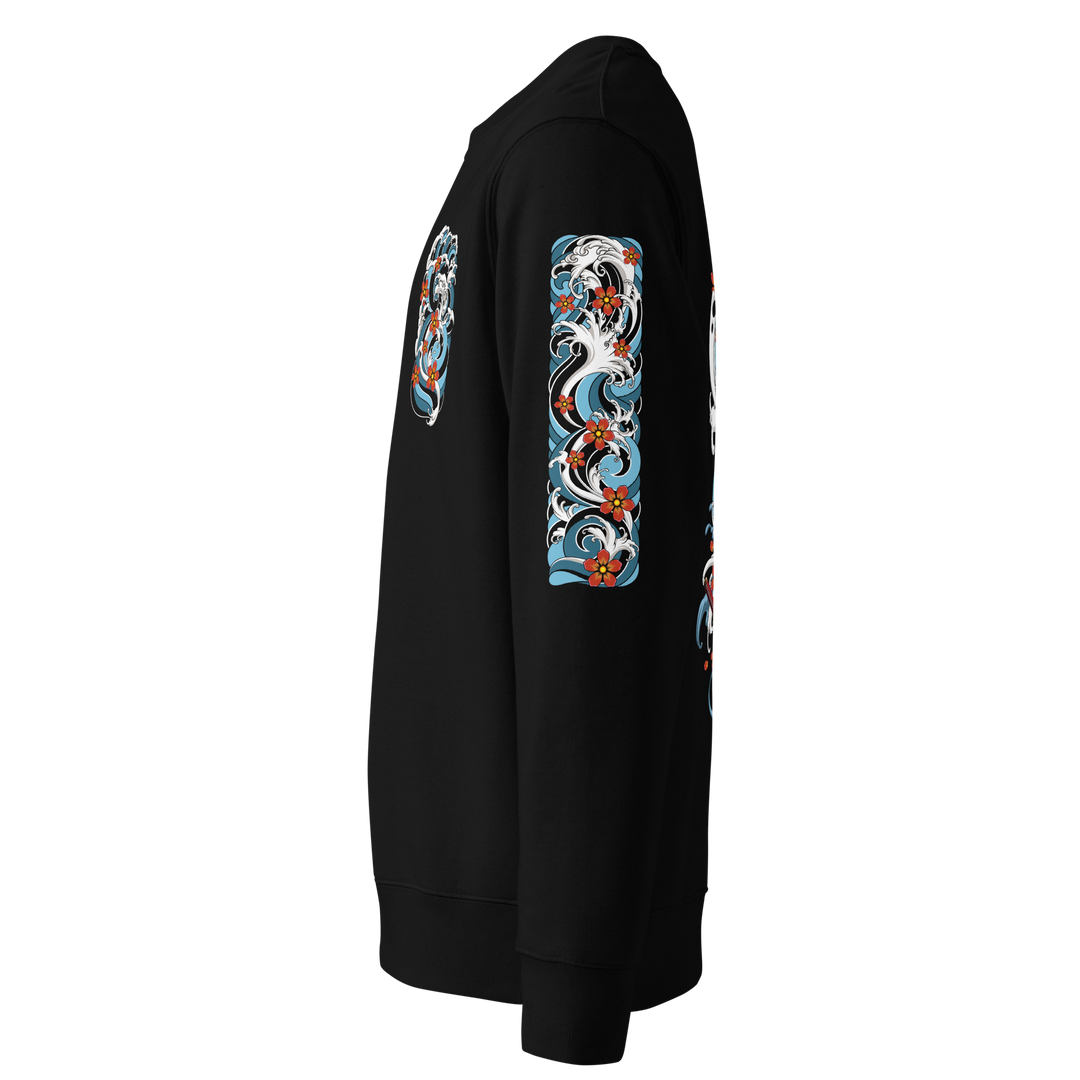 Left sleeve of the Resilience in Motion 360 Koi Fish Graphic Sweatshirt in Black, displaying an intricate Irezumi-style wave design.