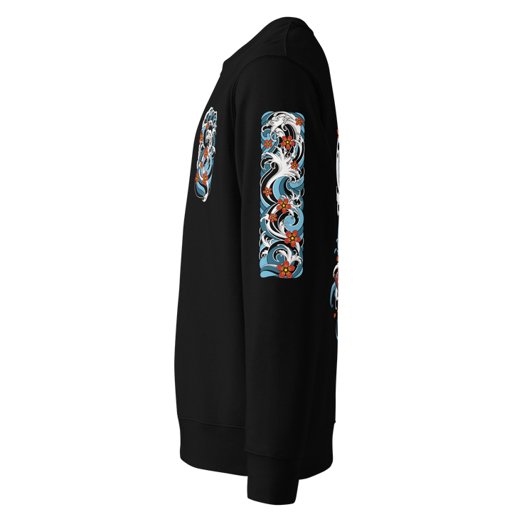 Left sleeve of the Resilience in Motion 360 Koi Fish Graphic Sweatshirt in Black, displaying an intricate Irezumi-style wave design.