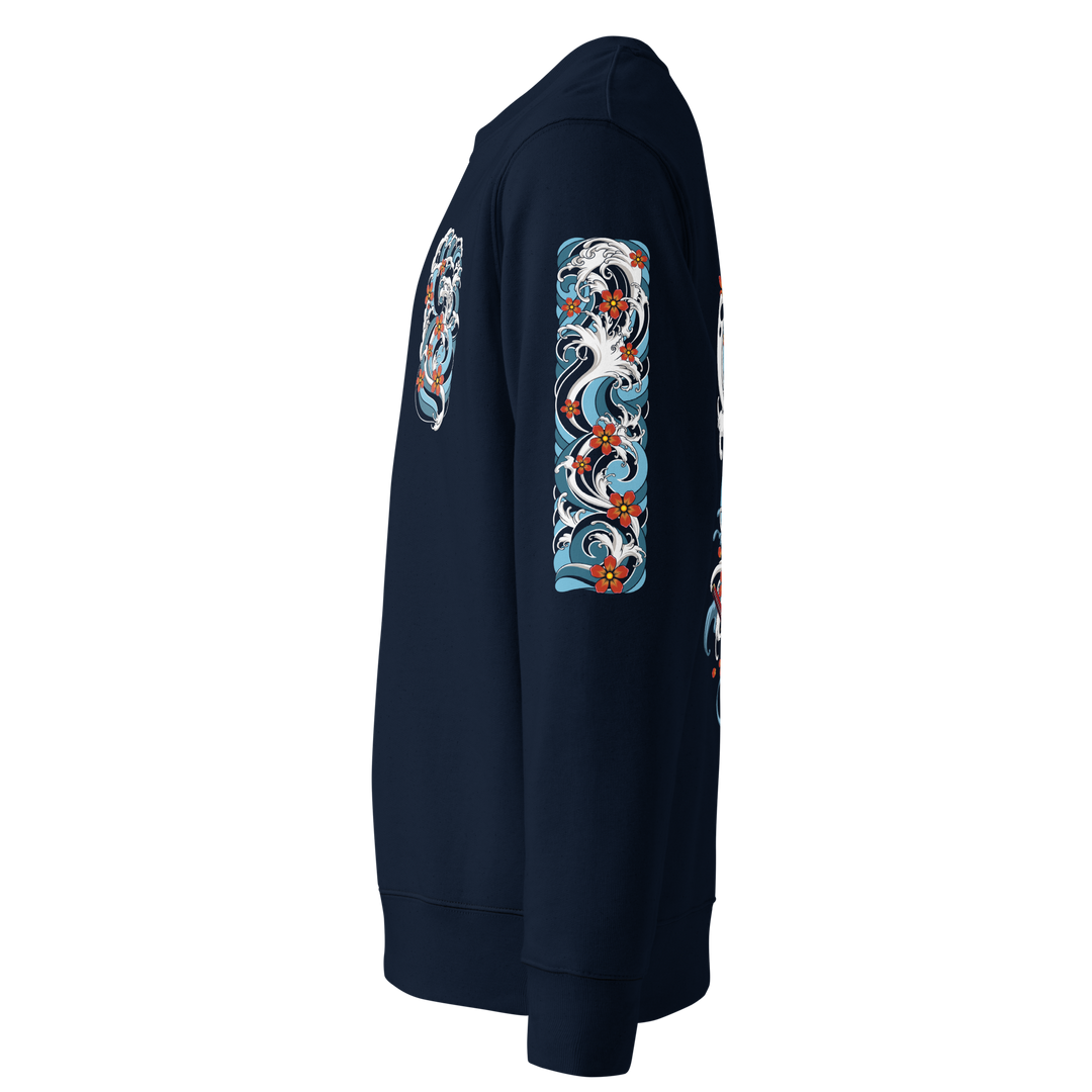 Left sleeve of the Resilience in Motion 360 Koi Fish Graphic Sweatshirt in French Navy, displaying an intricate Irezumi-style wave design.