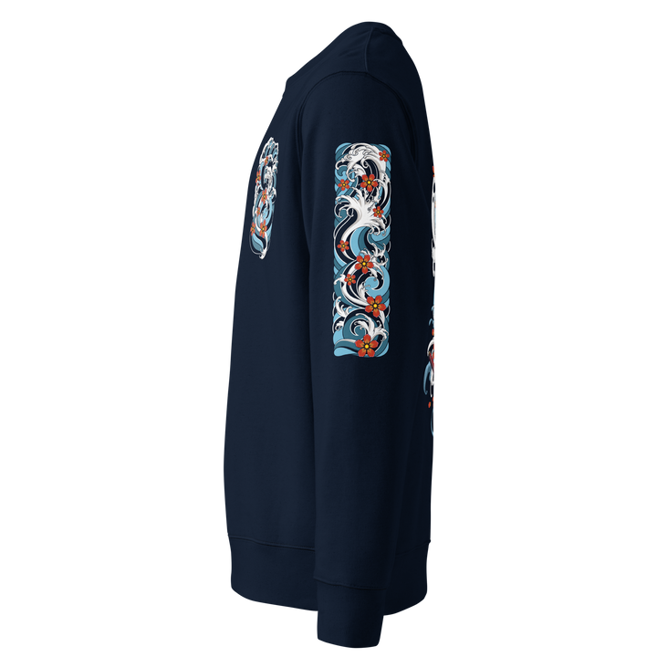 Left sleeve of the Resilience in Motion 360 Koi Fish Graphic Sweatshirt in French Navy, displaying an intricate Irezumi-style wave design.