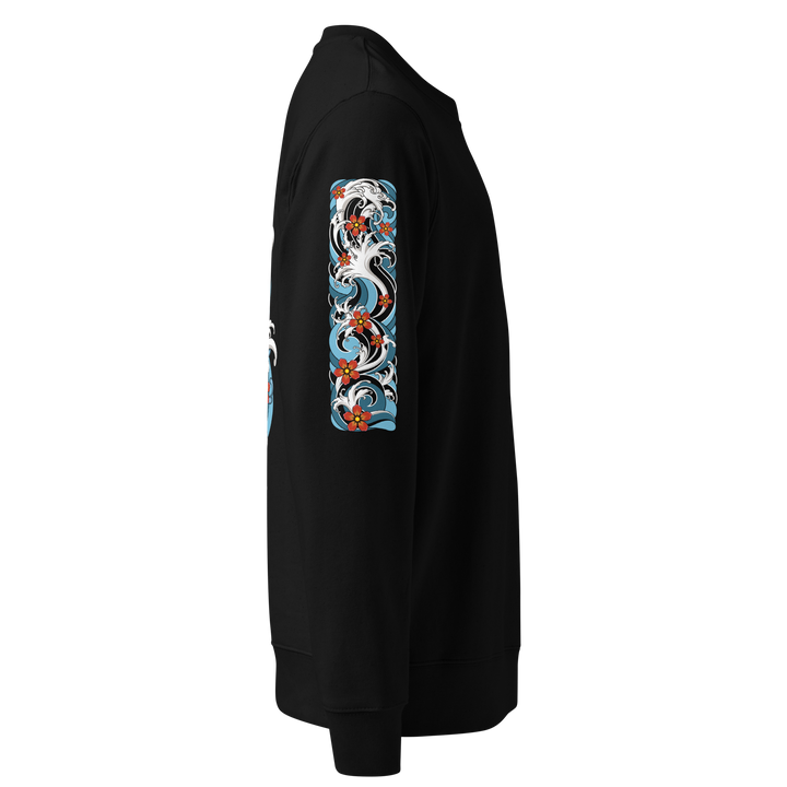 Right sleeve of the Resilience in Motion 360 Koi Fish Graphic Sweatshirt in Black, featuring a detailed Irezumi-style wave design.