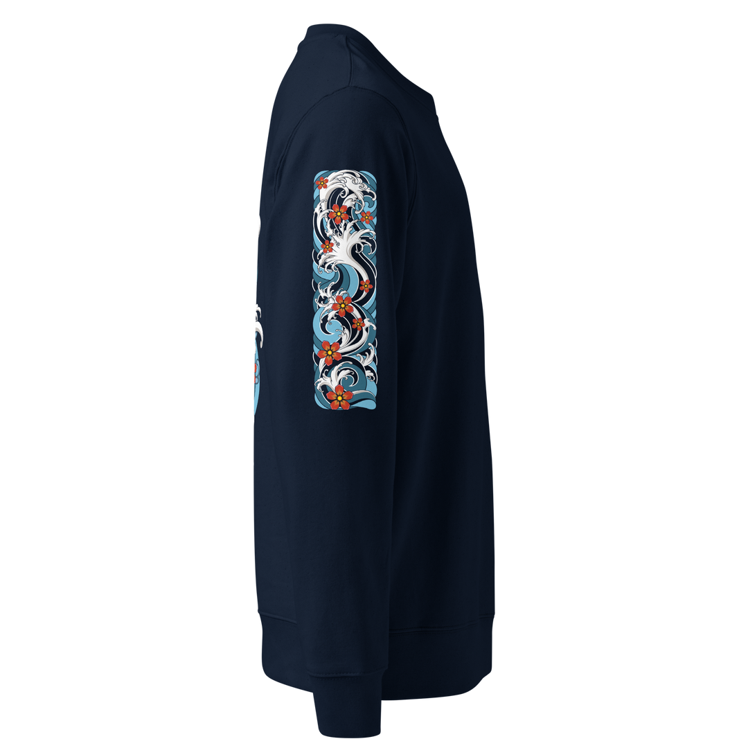 Right sleeve of the Resilience in Motion 360 Koi Fish Graphic Sweatshirt in French Navy, featuring a detailed Irezumi-style wave design.