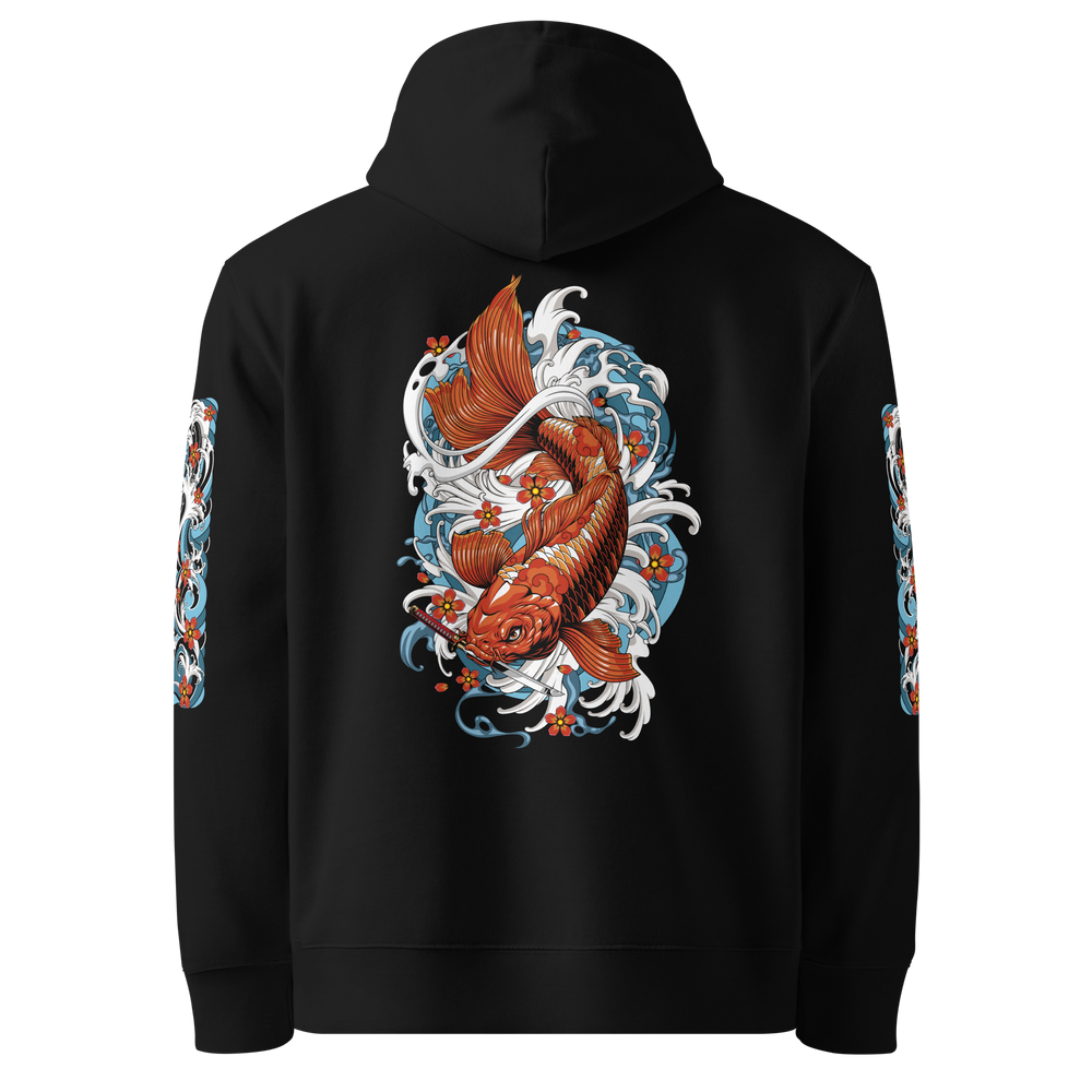 Back view of the Resilience in Motion 360 Koi Fish Graphic Hoodie in Black, showcasing a koi fish descending with a dagger in its mouth in Irezumi style.