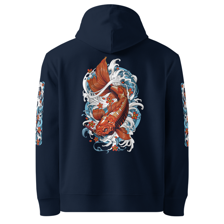 Back view of the Resilience in Motion 360 Koi Fish Graphic Hoodie in French Navy, showcasing a koi fish descending with a dagger in its mouth in Irezumi style.