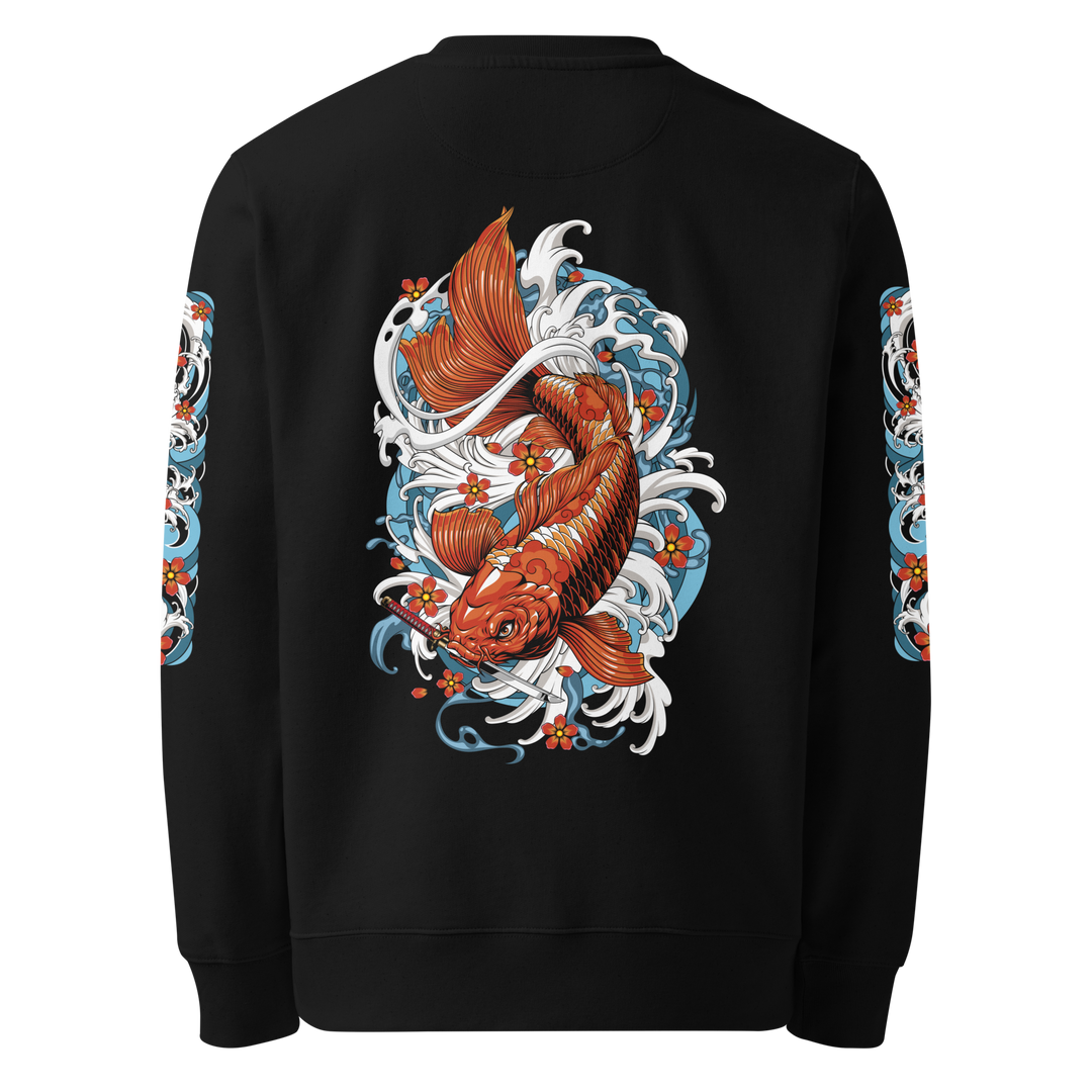 Back view of the Resilience in Motion 360 Koi Fish Graphic Sweatshirt in Black, showcasing a koi fish descending with a dagger in its mouth in Irezumi style.