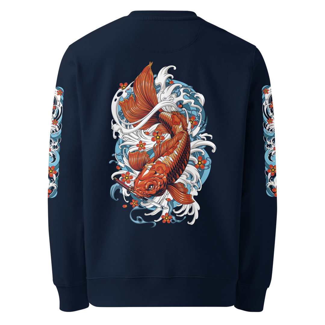 Back view of the Resilience in Motion 360 Koi Fish Graphic Sweatshirt in French Navy, showcasing a koi fish descending with a dagger in its mouth in Irezumi style.