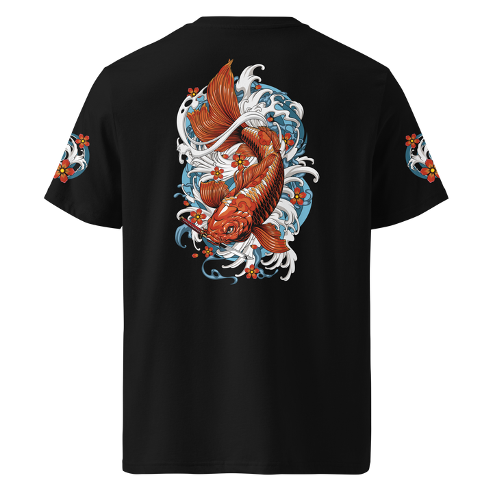 Back view of the Resilience in Motion 360 Koi Fish Graphic Tee in Black, showcasing a koi fish descending with a dagger in its mouth in Irezumi style.