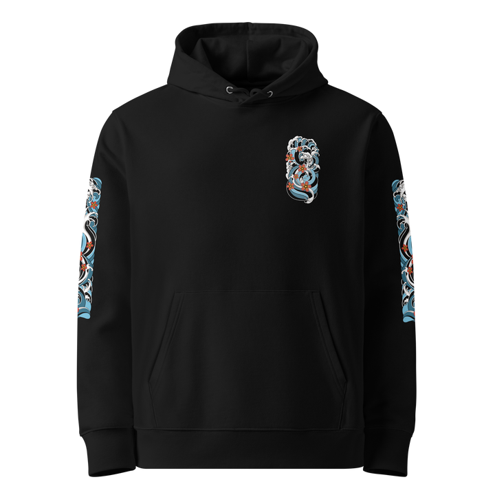 Front view of the Resilience in Motion 360 Koi Fish Graphic Hoodie in Black, featuring a clean, wave front design.