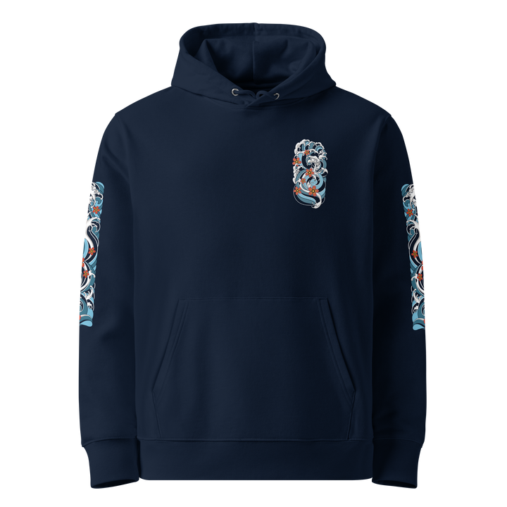 Front view of the Resilience in Motion 360 Koi Fish Graphic Hoodie in French Navy, featuring a clean, minimal front design.