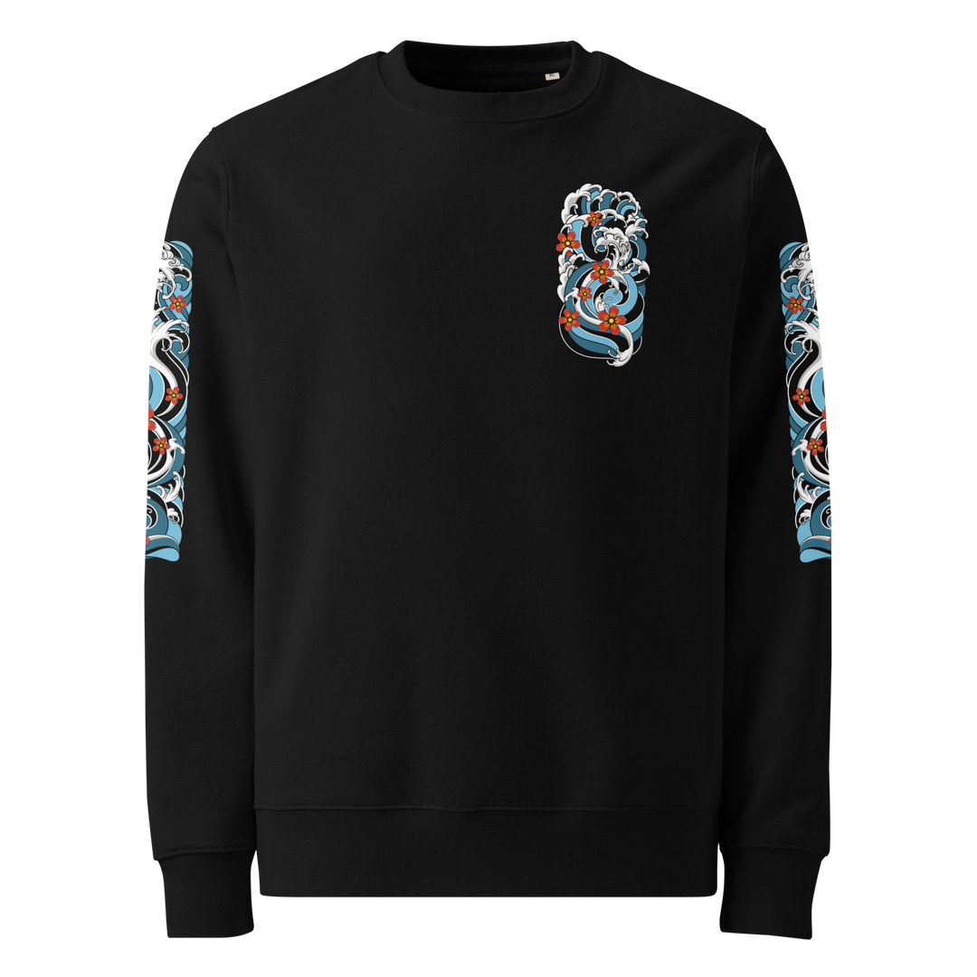 Front view of the Resilience in Motion 360 Koi Fish Graphic Sweatshirt in Black, featuring a clean, irezumi wave design.