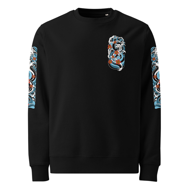 Front view of the Resilience in Motion 360 Koi Fish Graphic Sweatshirt in Black, featuring a clean, irezumi wave design.