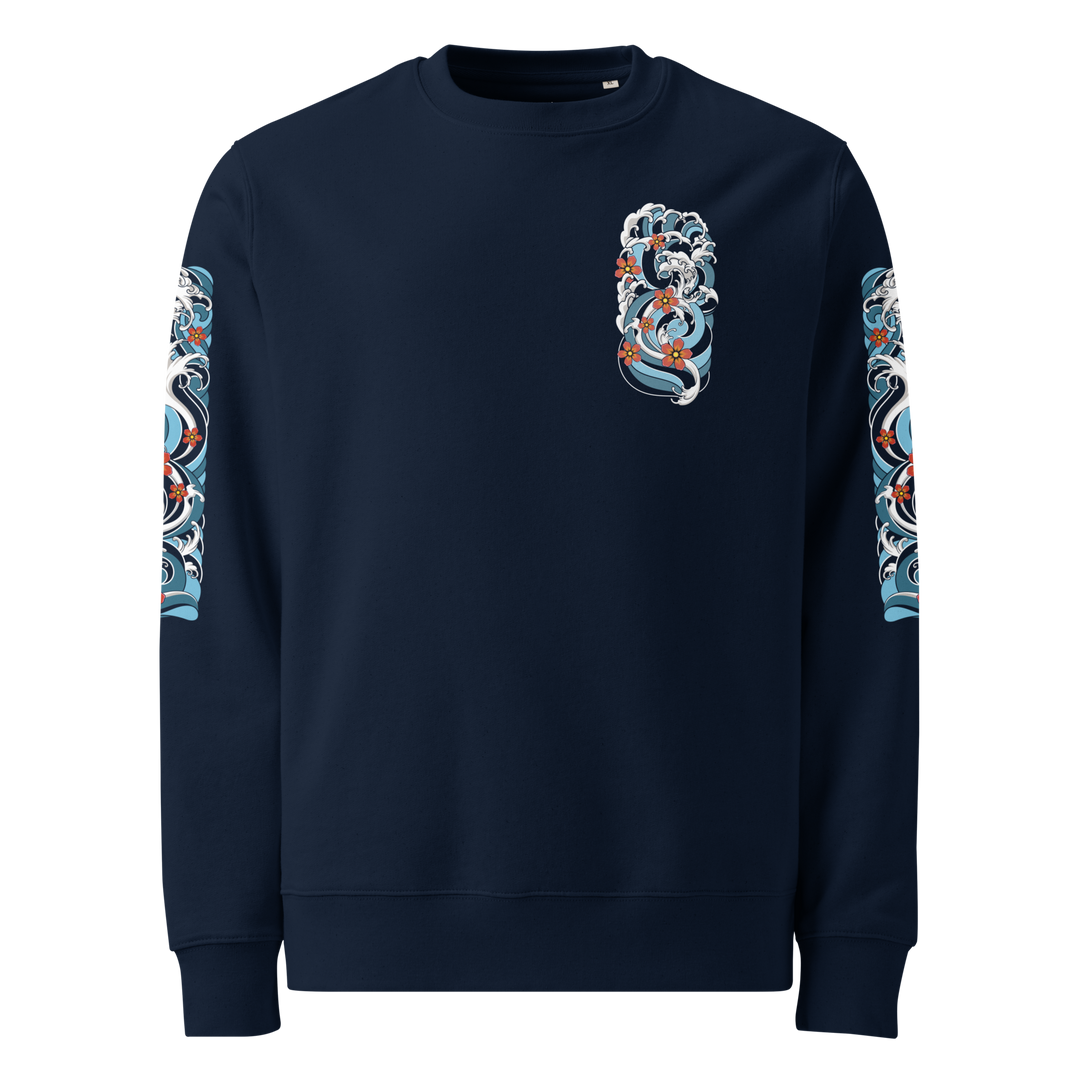 Front view of the Resilience in Motion 360 Koi Fish Graphic Sweatshirt in French Navy, featuring a clean, irezumi inspired wave design.