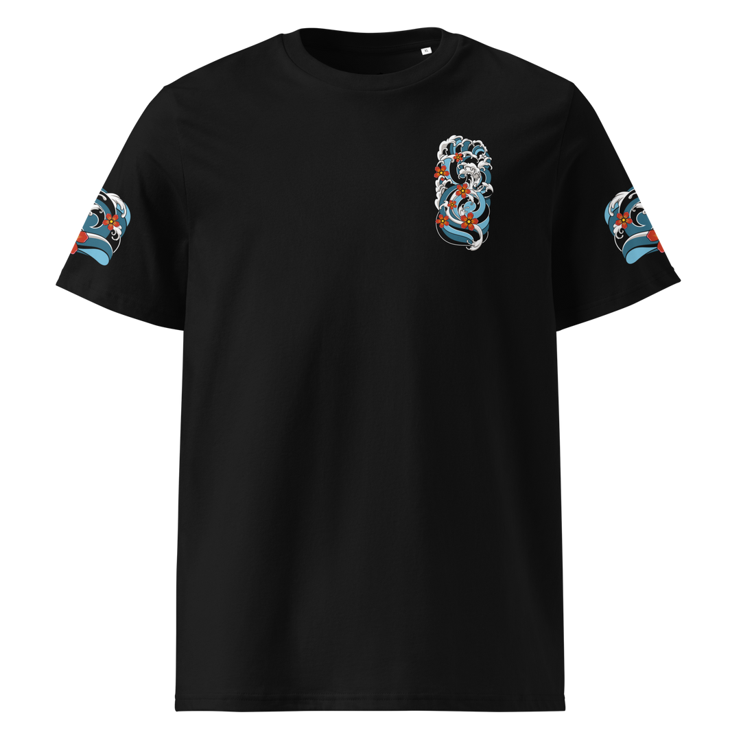 Front view of the Resilience in Motion 360 Koi Fish Graphic Tee in Black, featuring a clean irezumi style wave design.