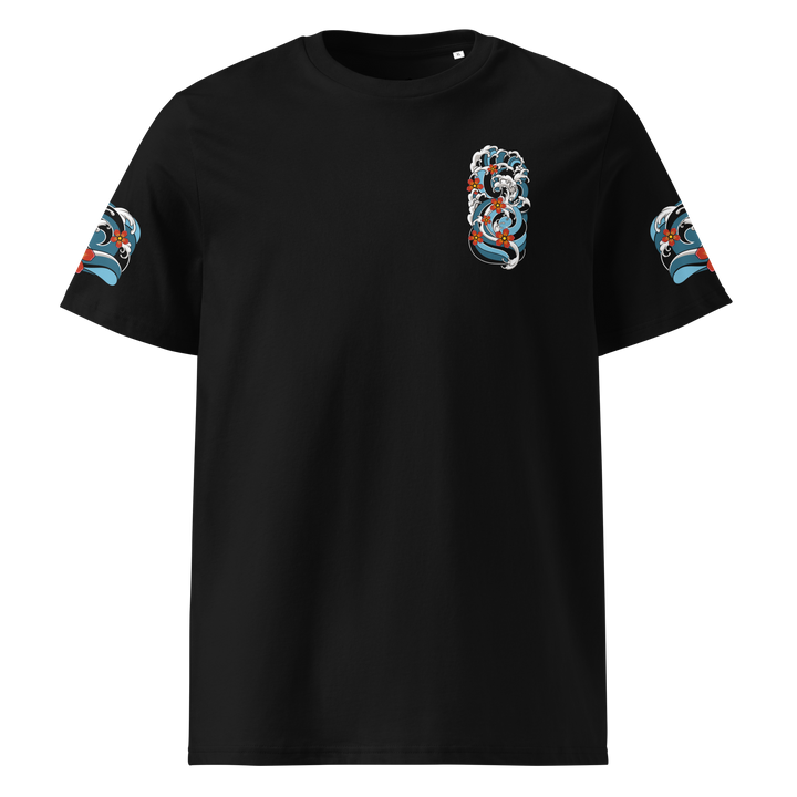 Front view of the Resilience in Motion 360 Koi Fish Graphic Tee in Black, featuring a clean irezumi style wave design.