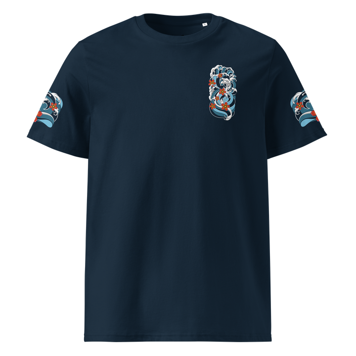 Front view of the Resilience in Motion 360 Koi Fish Graphic Tee in French Navy, featuring a clean irezumi style wave design.