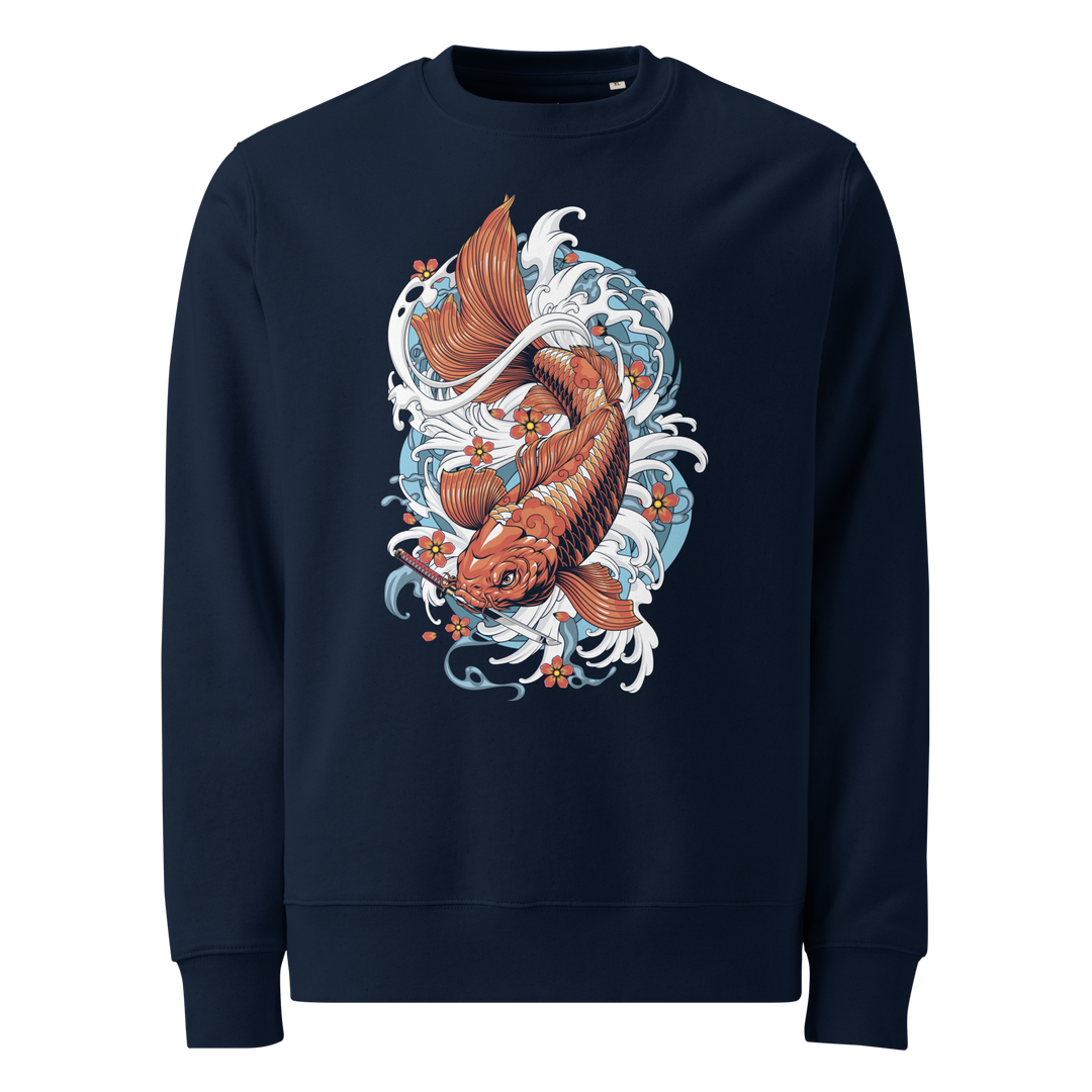 French Navy Resilience in Motion Graphic Sweatshirt featuring a koi fish and dagger, perfect for those who appreciate Japanese tattoo-inspired streetwear