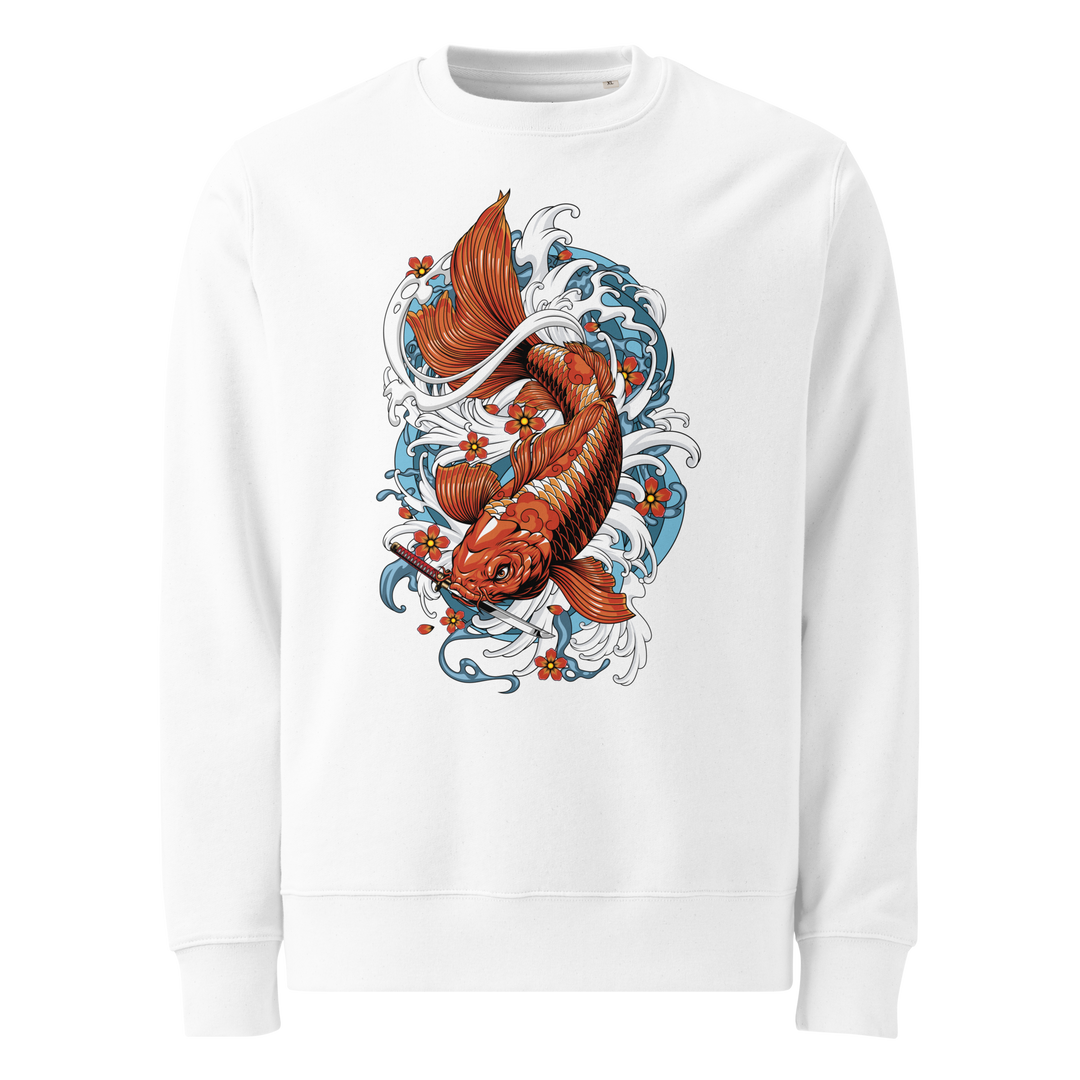 White Resilience in Motion Graphic Sweatshirt with a bold koi fish and dagger design, blending Japanese tattoo art with streetwear