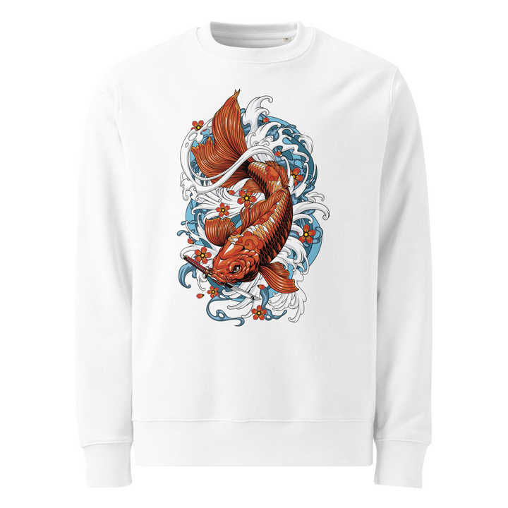 White Resilience in Motion Graphic Sweatshirt with a bold koi fish and dagger design, blending Japanese tattoo art with streetwear