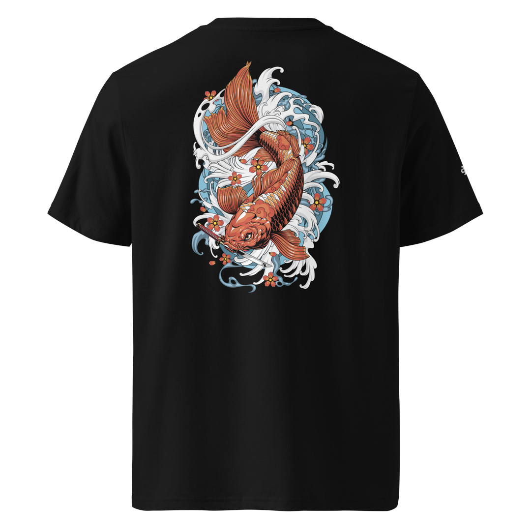 Black Resilience in Motion Koi Fish Graphic Tee featuring a back print of a koi fish with a dagger, inspired by Japanese Irezumi art