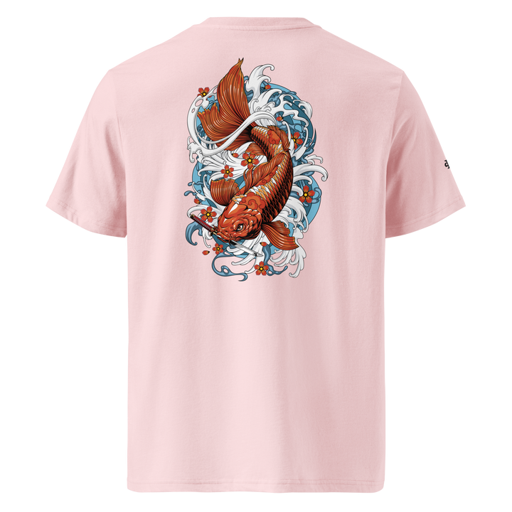 Cotton Pink Resilience in Motion Koi Fish Graphic Tee featuring a detailed back print of a koi fish with a dagger, blending Japanese tattoo symbolism with streetwear fashion