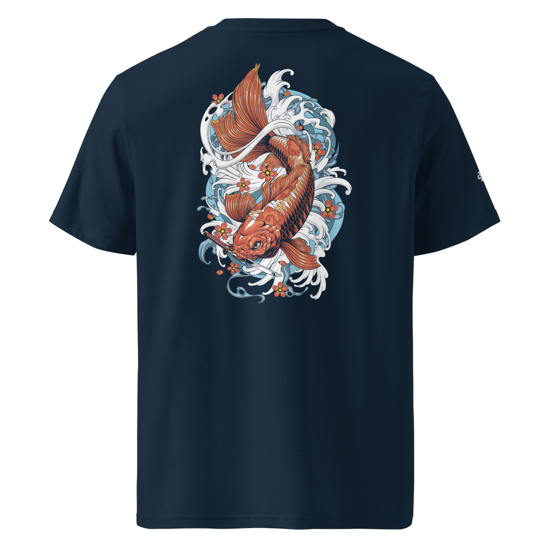 French Navy Resilience in Motion Koi Fish Graphic Tee featuring a back print of a koi fish and dagger, inspired by Japanese tattoo art