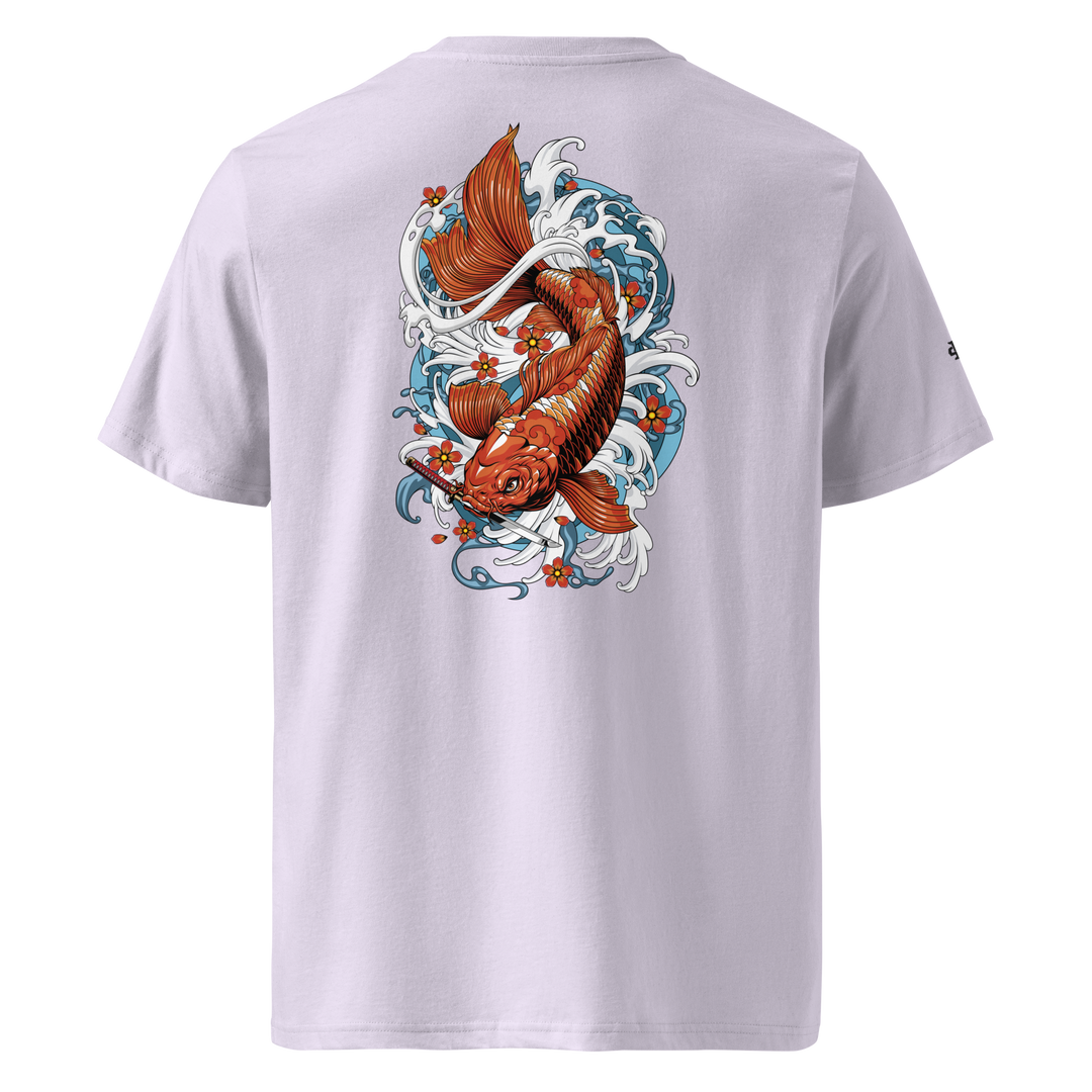 Lavender Resilience in Motion Koi Fish Graphic Tee featuring a back print of a koi fish gripping a dagger, inspired by Japanese Irezumi art