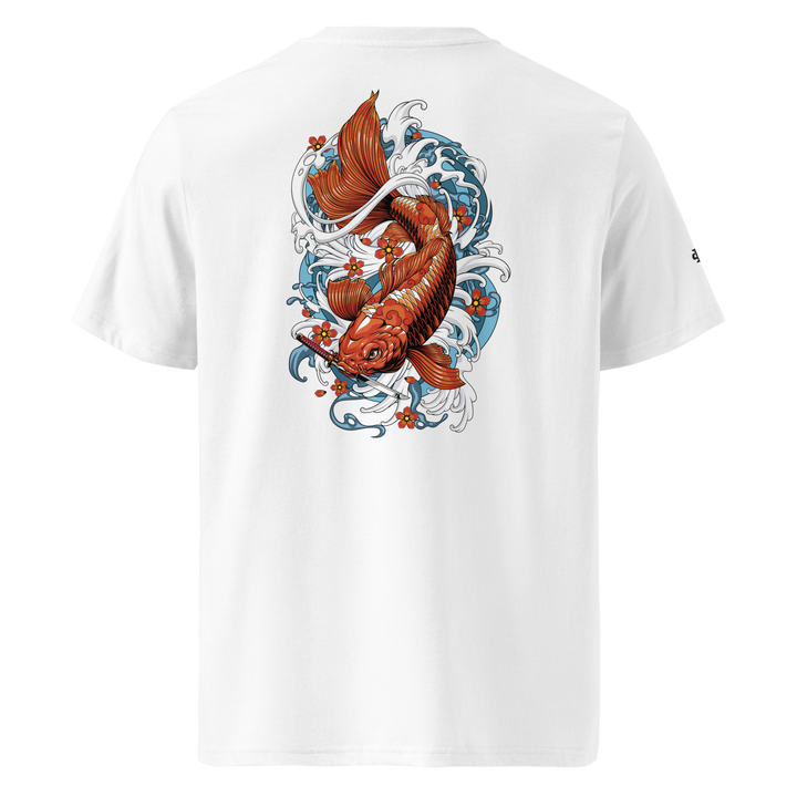 White Resilience in Motion Koi Fish Graphic Tee with a back print of a koi fish gripping a dagger, blending Japanese tattoo art with streetwear fashion