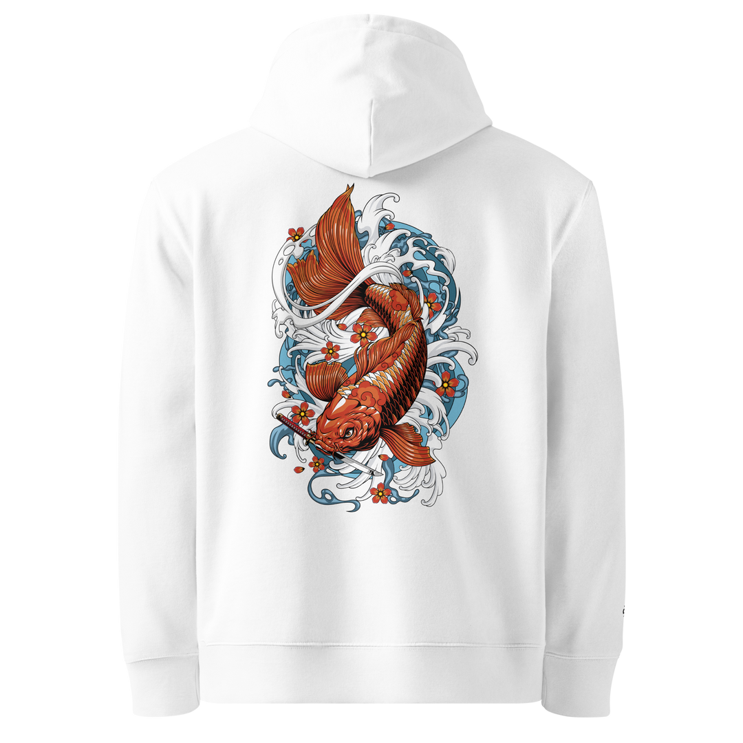 Resilience in Motion Hoodie in White showcasing a koi fish and dagger back print