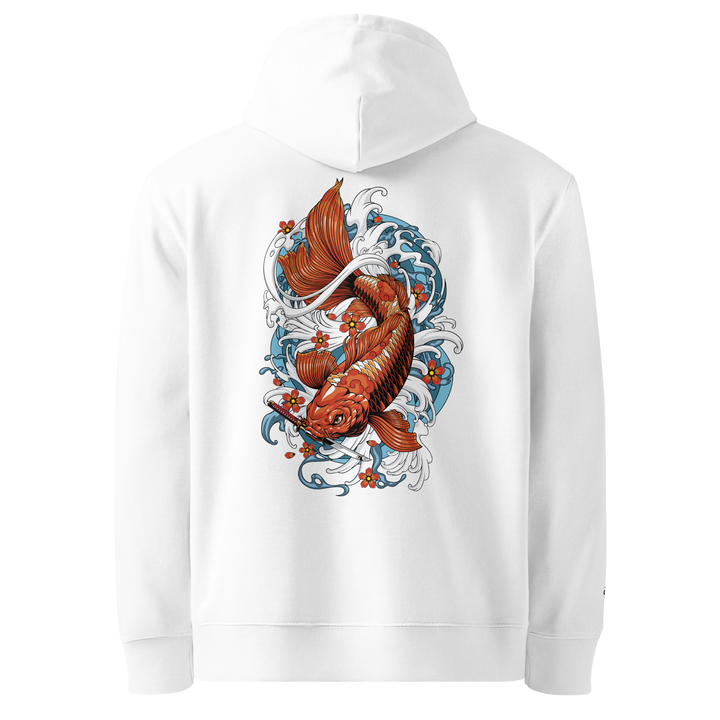 Resilience in Motion Hoodie in White showcasing a koi fish and dagger back print