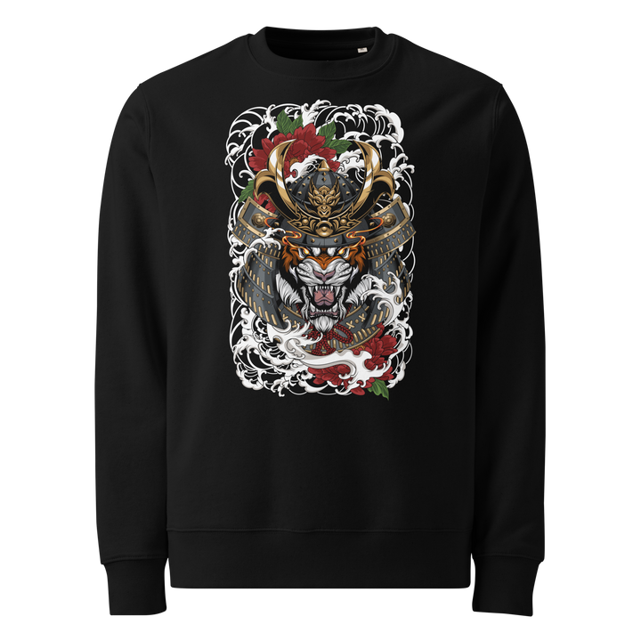 Black Roar of the Ronin Graphic Sweatshirt featuring a tiger with a samurai helmet, inspired by Japanese Irezumi tattoo art