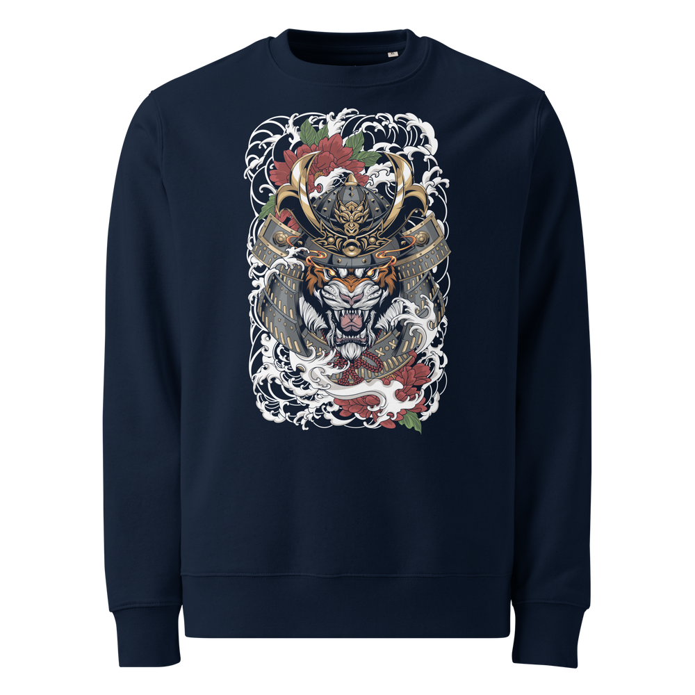 French Navy Roar of the Ronin Graphic Sweatshirt with a tiger and samurai helmet back print, inspired by Japanese tattoo art