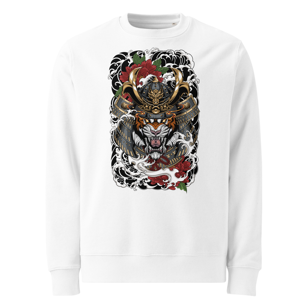 White Roar of the Ronin Graphic Sweatshirt featuring a tiger adorned with a samurai helmet in a bold back print, perfect for streetwear fashion