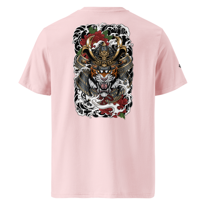 Cotton Pink Roar of the Ronin Graphic Tee with back print of a samurai tiger, perfect for Japanese streetwear enthusiasts.